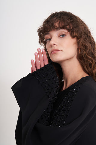 Kol ve Ön Patı El İşi Boncuk İşleme Detaylı Ferace - Siyah