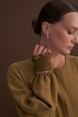 Kol Uçları ve Omuzda Zincir Taş Detaylı Ferace - yağ yeşil