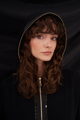 Taş İşleme ve Fermuar Detaylı Kapüşonlu Ferace - siyah