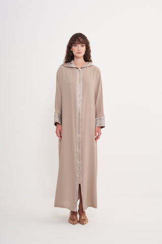 Taş İşleme ve Fermuar Detaylı Kapüşonlu Ferace - Vizon