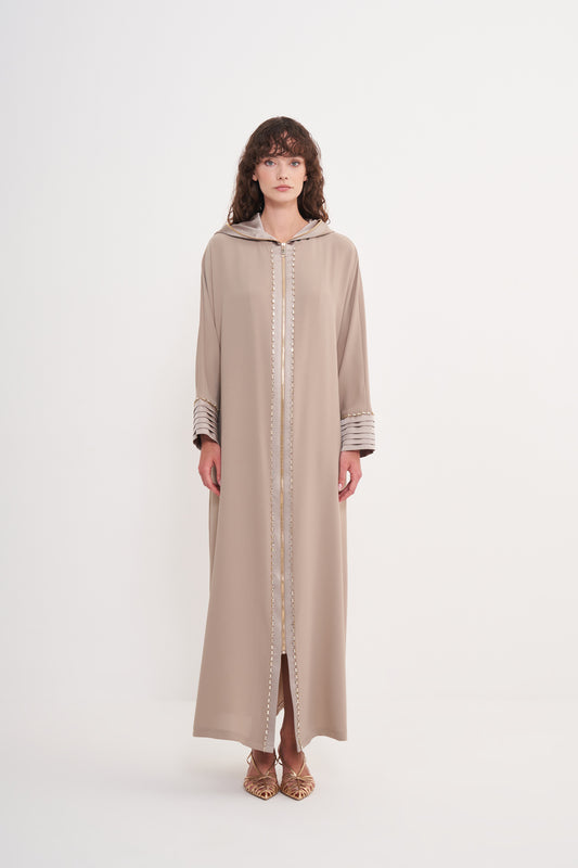 Taş İşleme ve Fermuar Detaylı Kapüşonlu Ferace - Vizon