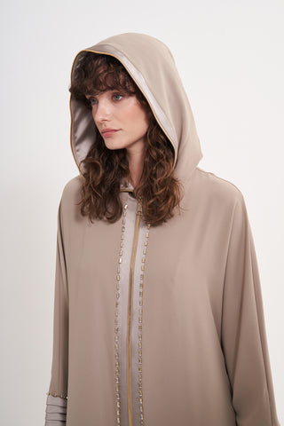 Taş İşleme ve Fermuar Detaylı Kapüşonlu Ferace - Vizon