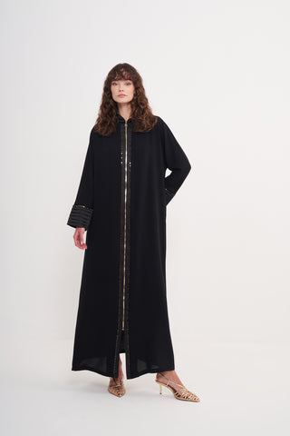 Taş İşleme ve Fermuar Detaylı Kapüşonlu Ferace - siyah