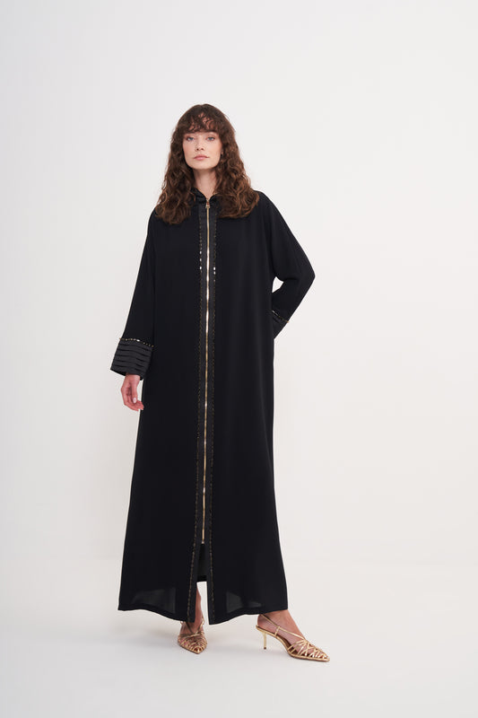 Taş İşleme ve Fermuar Detaylı Kapüşonlu Ferace - siyah