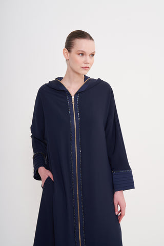 Taş İşleme ve Fermuar Detaylı Kapüşonlu Ferace - lacivert