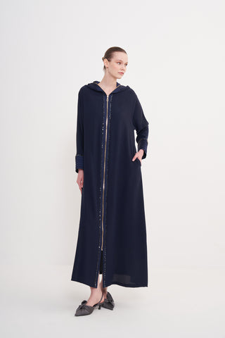 Taş İşleme ve Fermuar Detaylı Kapüşonlu Ferace - lacivert