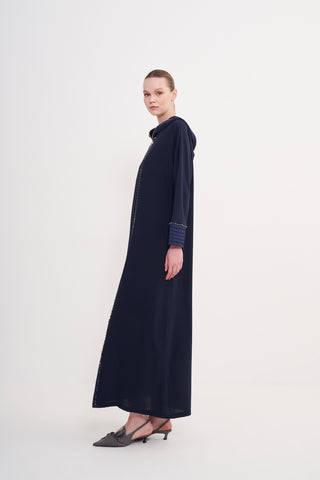 Taş İşleme ve Fermuar Detaylı Kapüşonlu Ferace - lacivert