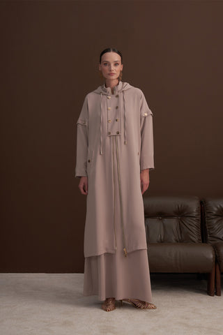 Ön Patlı ve Fermuarlı Kol Detaylı Kapüşonlu Ferace - bej