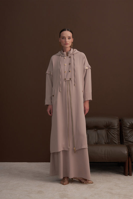 Ön Patlı ve Fermuarlı Kol Detaylı Kapüşonlu Ferace - bej