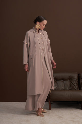 Ön Patlı ve Fermuarlı Kol Detaylı Kapüşonlu Ferace - bej