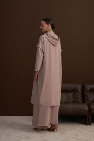 Ön Patlı ve Fermuarlı Kol Detaylı Kapüşonlu Ferace - bej