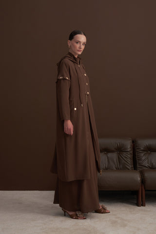 Ön Patlı ve Fermuarlı Kol Detaylı Kapüşonlu Ferace - kahve