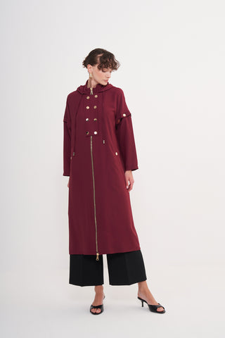 Ön Patlı ve Fermuarlı Kol Detaylı Kapüşonlu Ferace - bordo