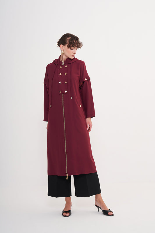 Ön Patlı ve Fermuarlı Kol Detaylı Kapüşonlu Ferace - bordo