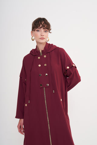 Ön Patlı ve Fermuarlı Kol Detaylı Kapüşonlu Ferace - bordo