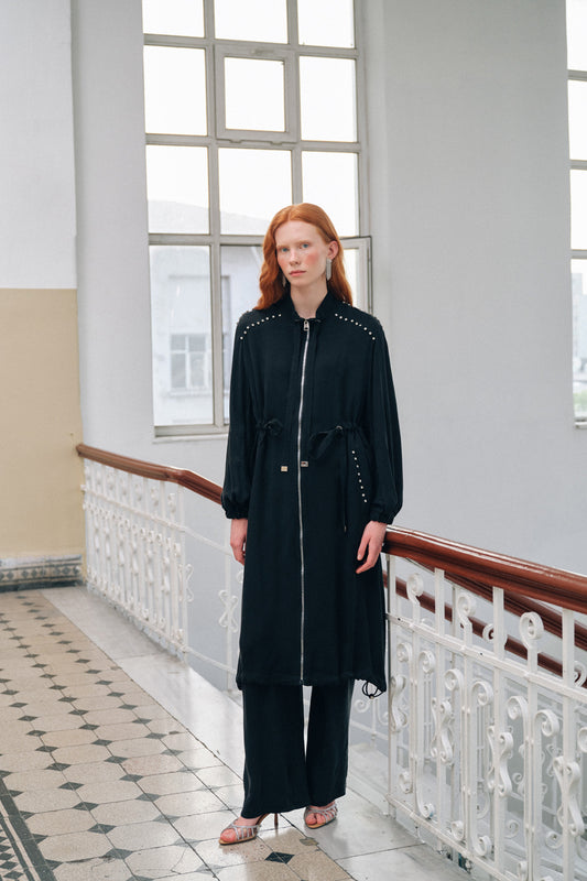 Taş ve Fermuar Detaylı Ferace - siyah