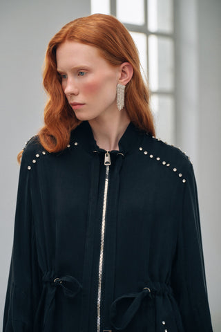 Taş ve Fermuar Detaylı Ferace - siyah