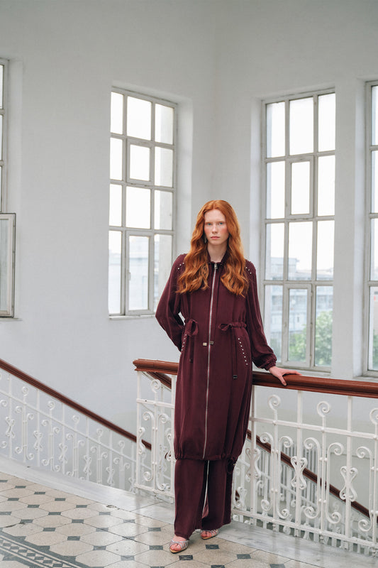 Taş ve Fermuar Detaylı Ferace - bordo