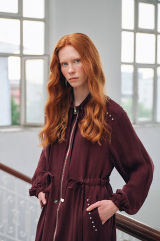 Taş ve Fermuar Detaylı Ferace - bordo