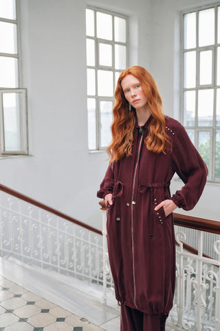 Taş ve Fermuar Detaylı Ferace - bordo