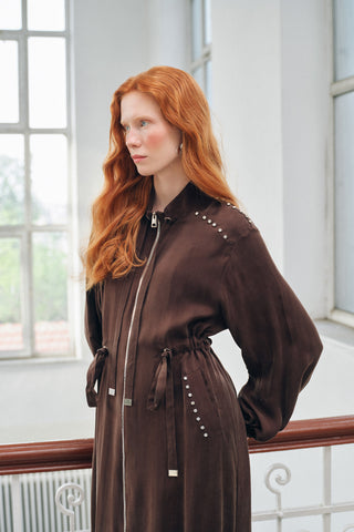 Taş ve Fermuar Detaylı Ferace - kahve