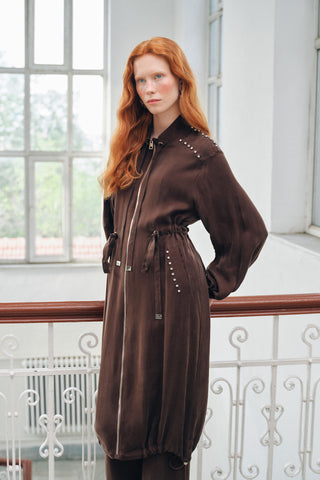 Taş ve Fermuar Detaylı Ferace - kahve