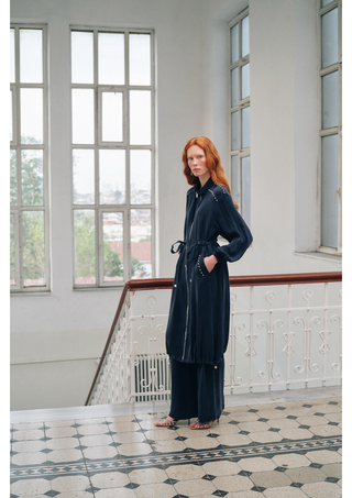 Taş ve Fermuar Detaylı Ferace - lacivert