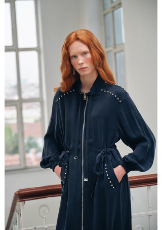 Taş ve Fermuar Detaylı Ferace - lacivert