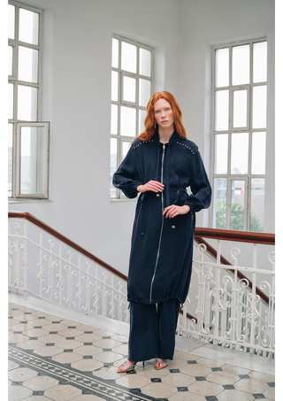 Taş ve Fermuar Detaylı Ferace - lacivert