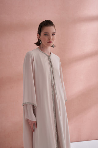 Kol Uçları ve Boydan Taş İşleme Detaylı Abaya - bej