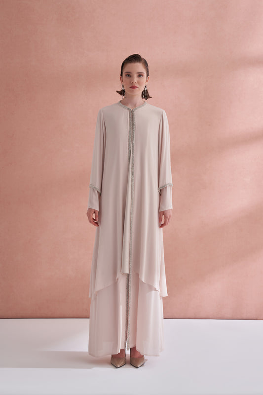 Kol Uçları ve Boydan Taş İşleme Detaylı Abaya - bej