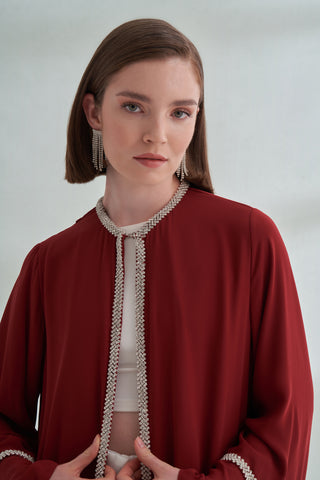 Kol Uçları ve Boydan Taş İşleme Detaylı Abaya - bordo