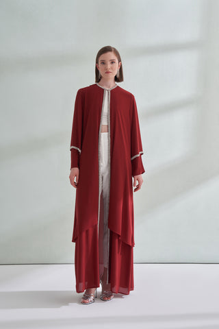 Kol Uçları ve Boydan Taş İşleme Detaylı Abaya - bordo