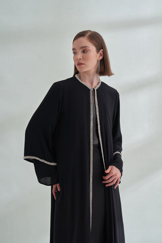 Kol Uçları ve Boydan Taş İşleme Detaylı Abaya - siyah