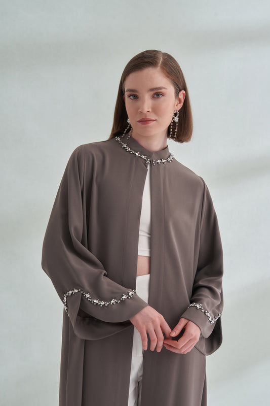 El İşi Detaylı Krep Abaya - vizon