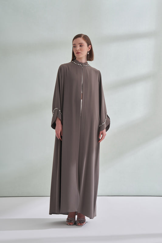El İşi Detaylı Krep Abaya - vizon