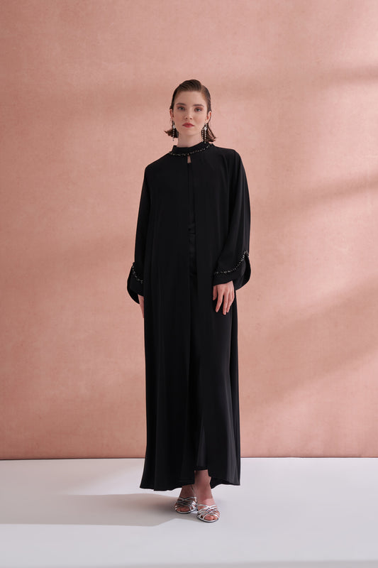 El İşi Detaylı Krep Abaya - siyah