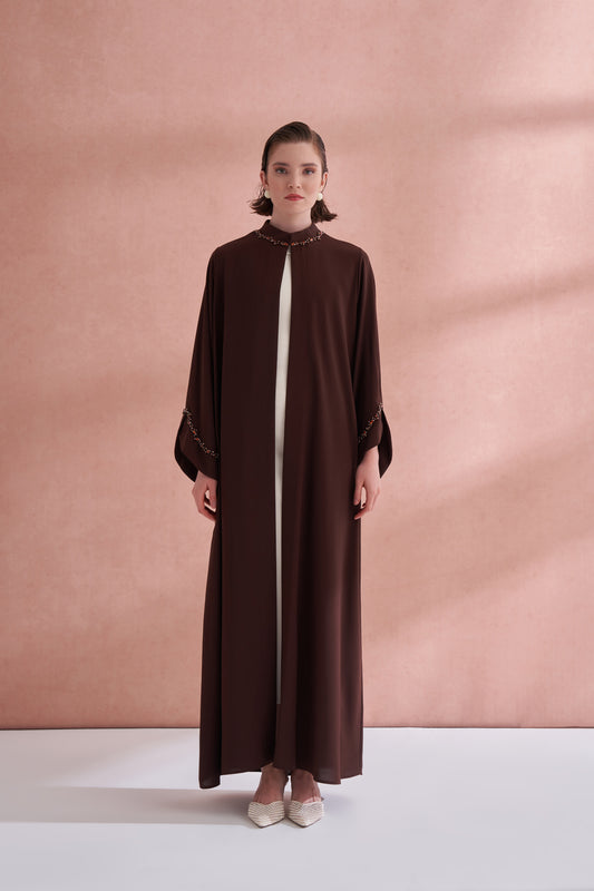 El İşi Detaylı Krep Abaya - kahve