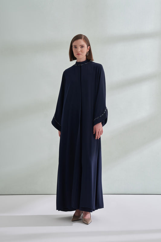 El İşi Detaylı Krep Abaya - lacivert