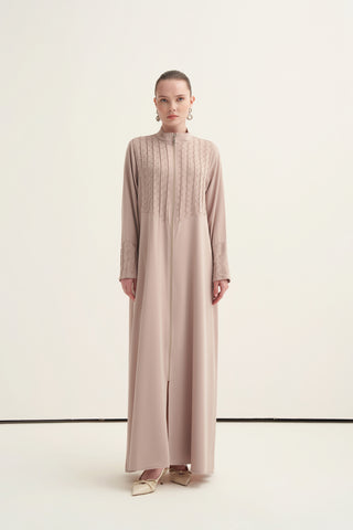 Önü ve Kolları Boncuk İşlemeli Ferace - bej