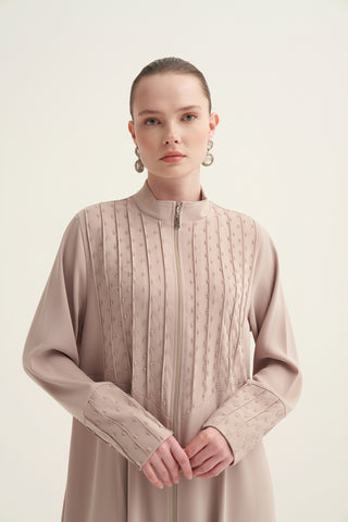 Önü ve Kolları Boncuk İşlemeli Ferace - bej