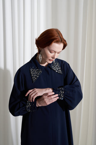 Yakası ve Kolları Taş İşleme Detaylı Ferace - lacivert