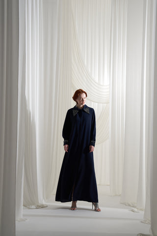 Yakası ve Kolları Taş İşleme Detaylı Ferace - lacivert