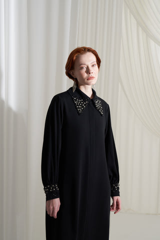 Yakası ve Kolları Taş İşleme Detaylı Ferace - siyah