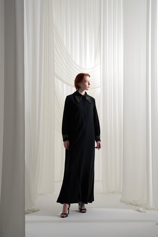 Yakası ve Kolları Taş İşleme Detaylı Ferace - siyah