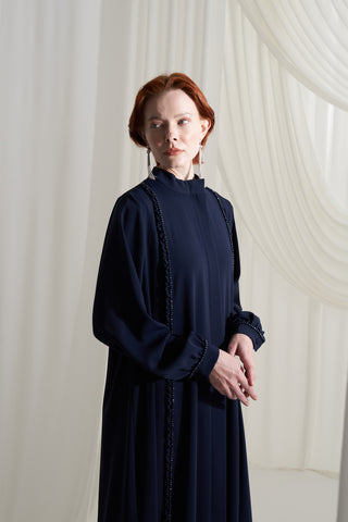 Önü Büzgü ve Boncuk İşleme Detaylı Ferace - lacivert