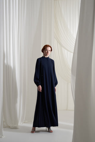 Önü Büzgü ve Boncuk İşleme Detaylı Ferace - lacivert