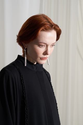 Önü Büzgü ve Boncuk İşleme Detaylı Ferace - siyah