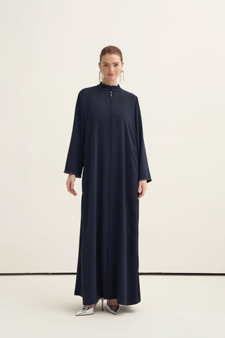 Yanları Şifonlu ve İşlemeli Ferace - lacivert