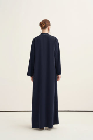 Yanları Şifonlu ve İşlemeli Ferace - lacivert